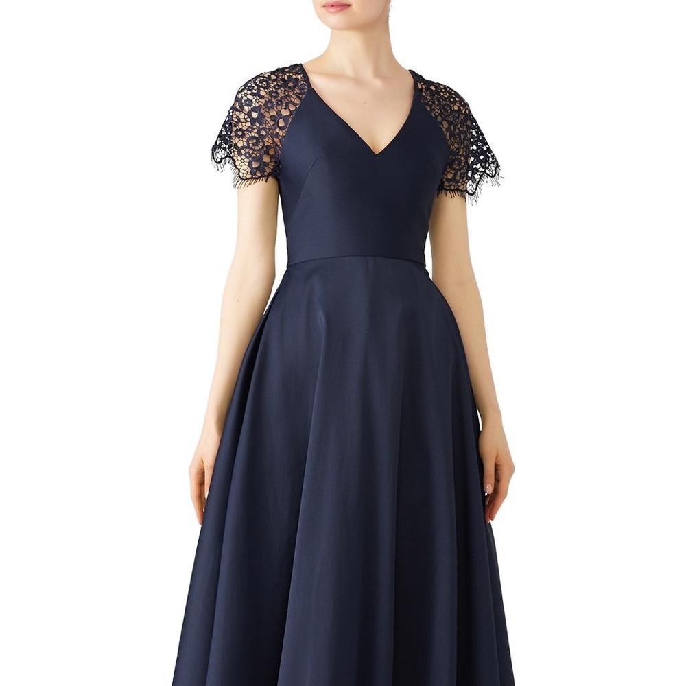 MH Monique Lhuillier Navy Lace Sleeve V-Neck Gown